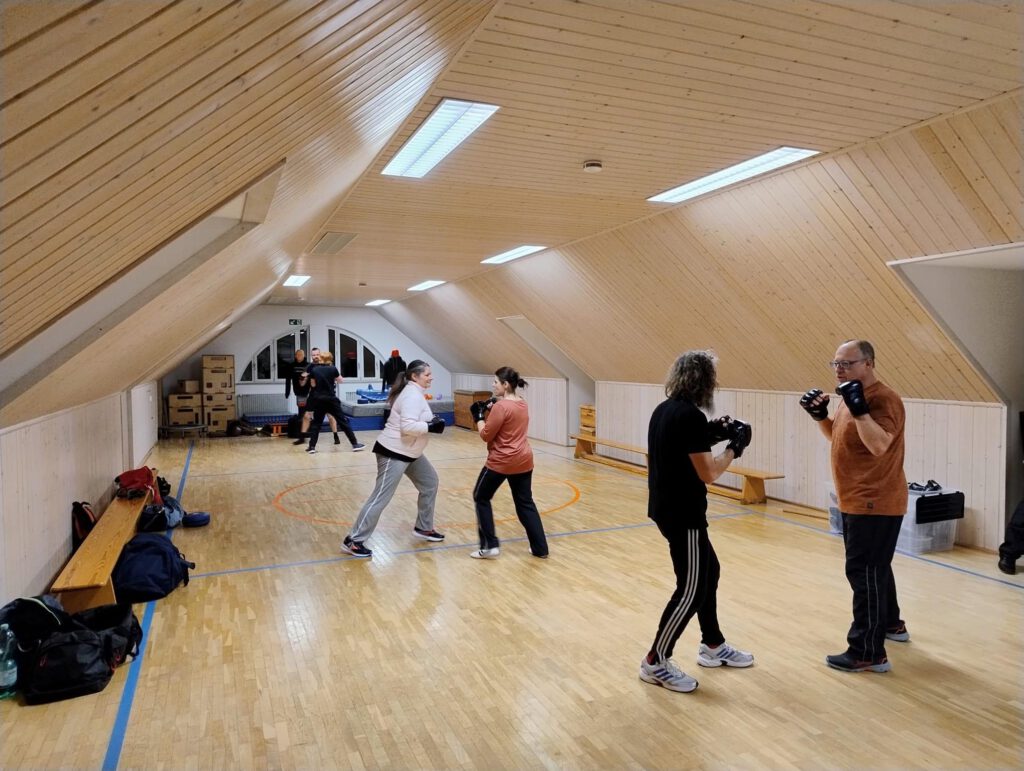 Frauen und Männer üben paarweise mit Trainingshandschuhen in der Halle