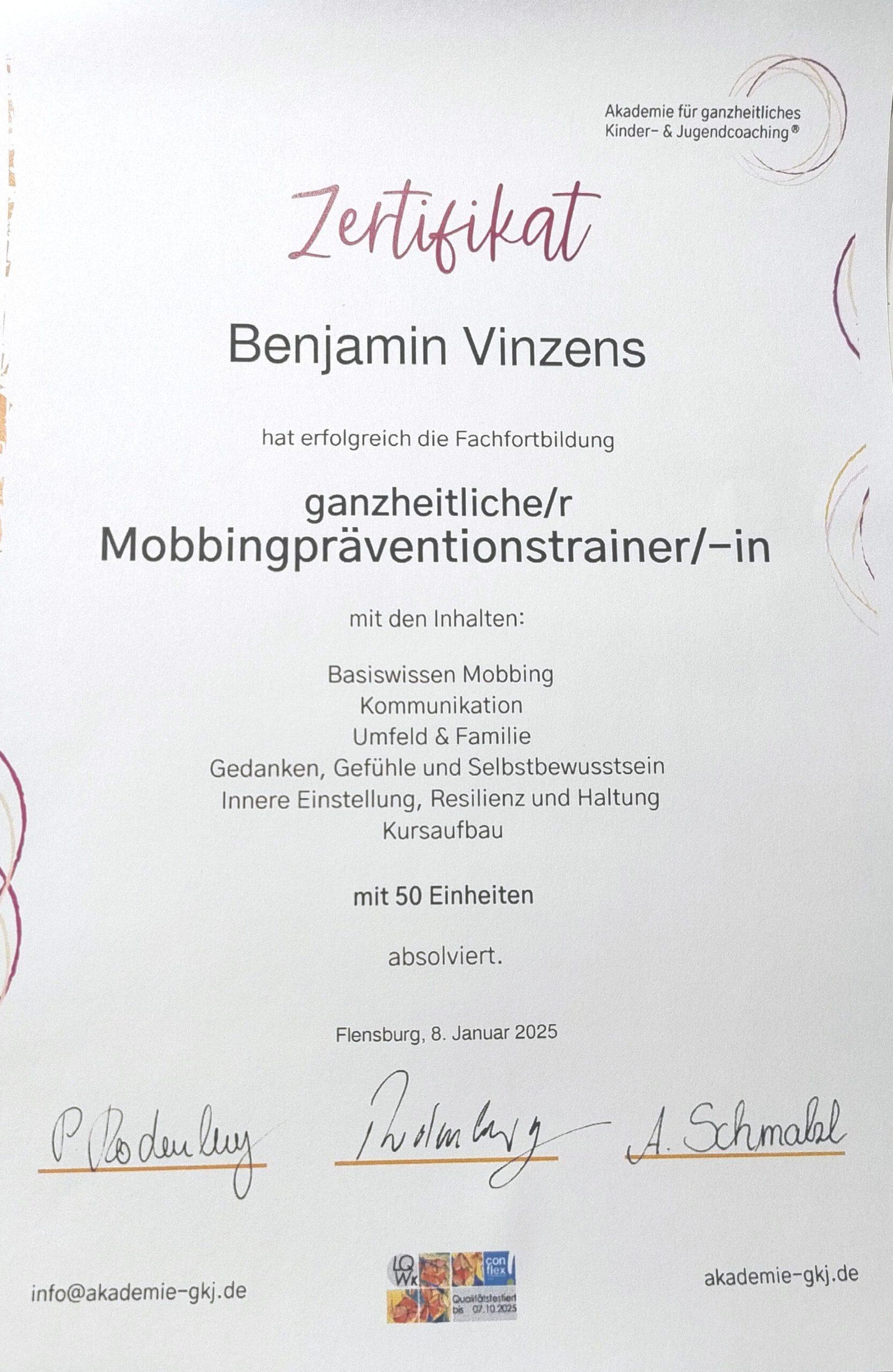 Nachweis Mobbingpräventionstrainer
