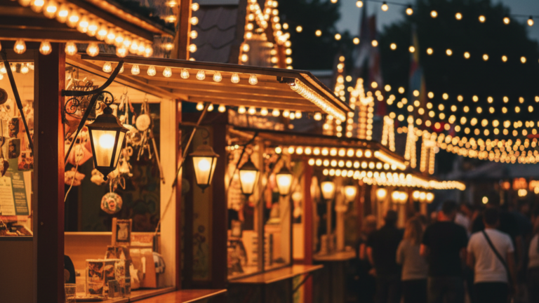 Festlich beleuchtete Volksfest-Buden am Abend mit Lichterketten und Menschen im Hintergrund
