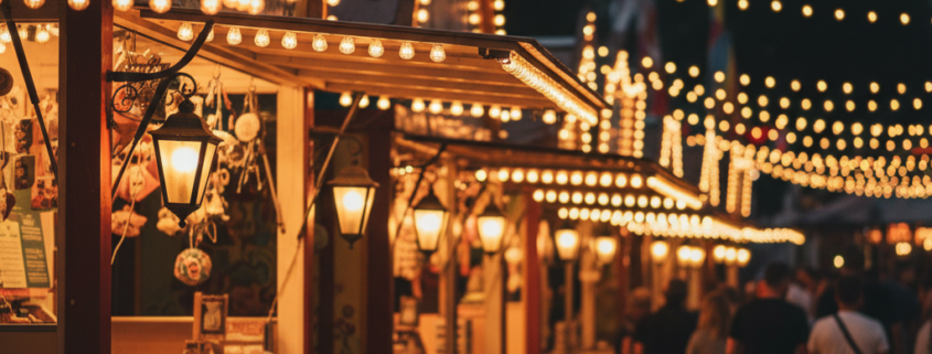 Festlich beleuchtete Volksfest-Buden am Abend mit Lichterketten und Menschen im Hintergrund