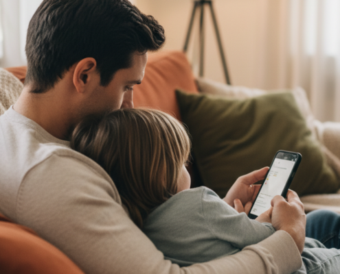 Elternteil und Kind schauen gemeinsam ruhig auf ein Smartphone auf dem Sofa