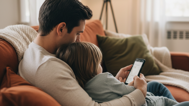 Elternteil und Kind schauen gemeinsam ruhig auf ein Smartphone auf dem Sofa