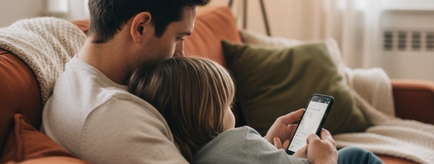 Elternteil und Kind schauen gemeinsam ruhig auf ein Smartphone auf dem Sofa