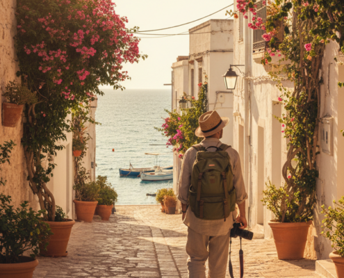 Reisender mit Rucksack in einer sonnigen mediterranen Altstadtgasse
