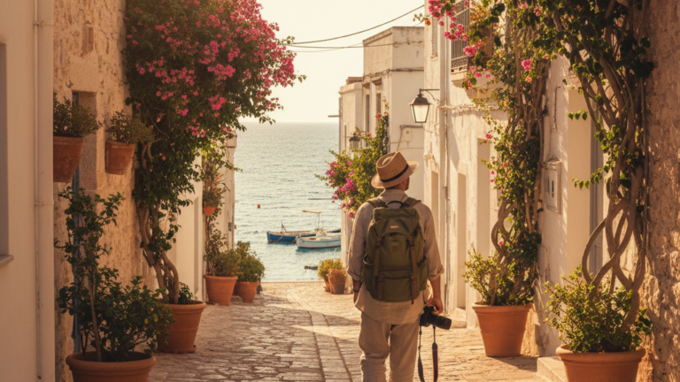 Reisender mit Rucksack in einer sonnigen mediterranen Altstadtgasse