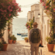 Reisender mit Rucksack in einer sonnigen mediterranen Altstadtgasse