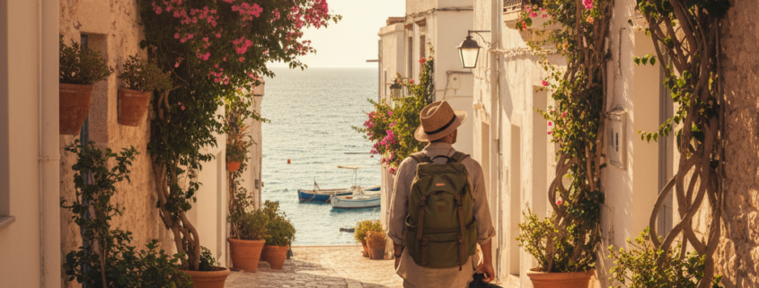 Reisender mit Rucksack in einer sonnigen mediterranen Altstadtgasse