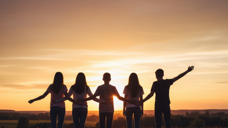 Gruppe Jugendlicher als Silhouetten vor einem Sonnenuntergang