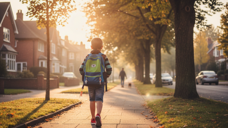 Kind mit Schulranzen geht an einem sonnigen Morgen einen Gehweg entlang