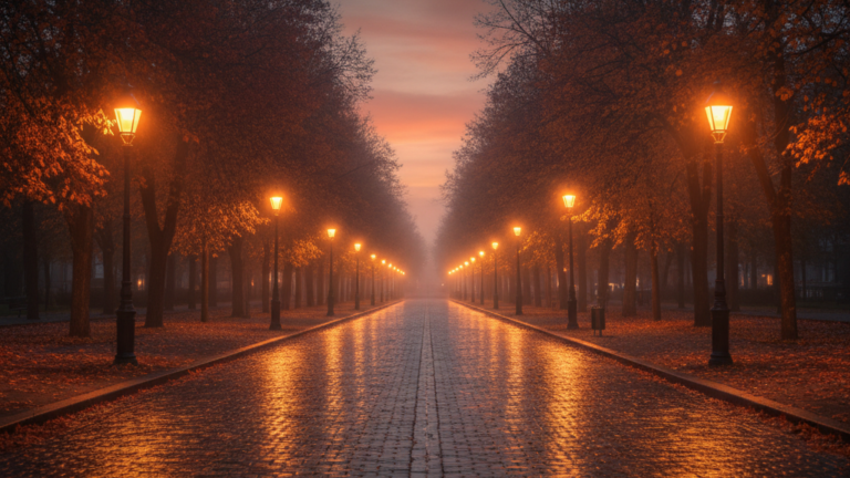 Ruhige beleuchtete Straße in der herbstlichen Abenddämmerung