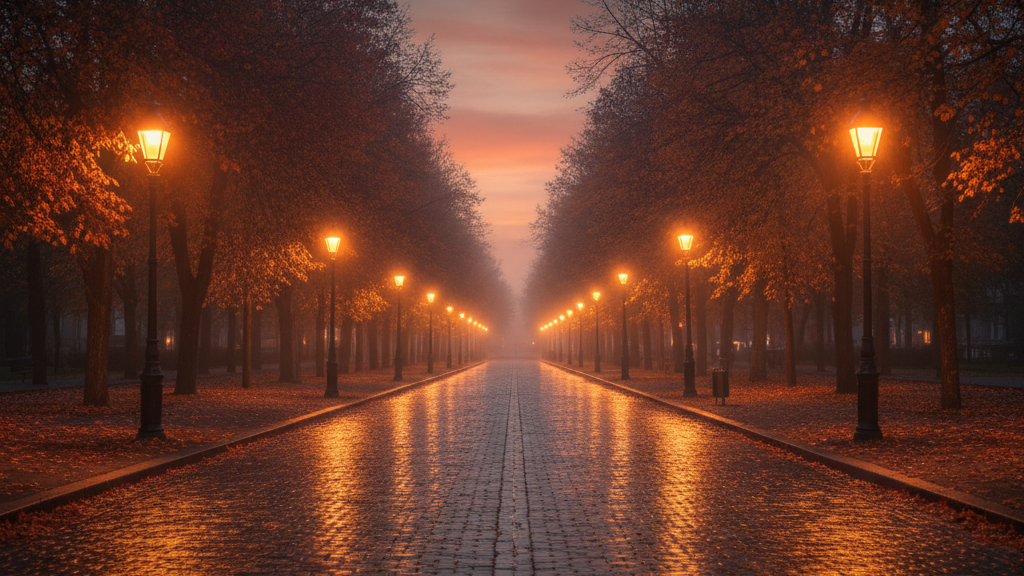 Ruhige beleuchtete Straße in der herbstlichen Abenddämmerung